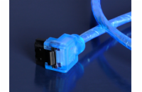 AKASA kabel SATA3 datový kabel k HDD,SSD a optickým mechanikám, zahnutý konektor, modrý UV svítící, 1m