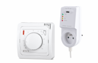 Elektrobock BT015 BT015 RF je bezdrátový termostat se systémem samoučení kódů, jednoduchým ovládáním pomocí kolečka a přijímačem do zásuvky.
