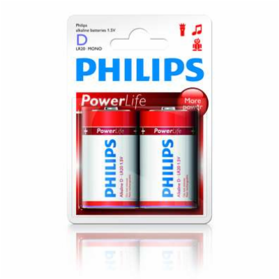 Philips baterie D PowerLife, alkalická - 2ks