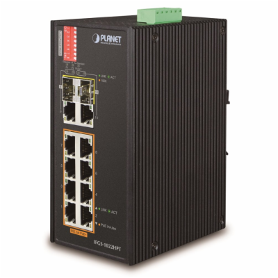Planet IFGS-1022HPT průmyslový PoE switch, 8x100Mb + 2x1G...