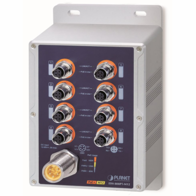 Planet vodotěsný průmyslový PoE switch, 8xFE M12, 8x PoE ...