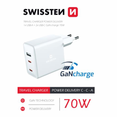 Swissten Síťový Adaptér GaN 2x USB-C + 1x USB 70W PD Bilý