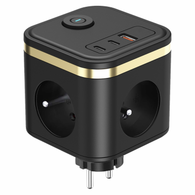 Síťový adaptér VIKING Y33, černá/Output: 3xAC, 1xUSB-A, 2...
