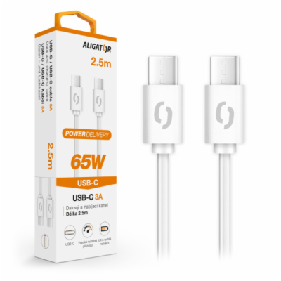 Datový kabel ALIGATOR POWER 65W, USB-C/USB-C 3A, 2,5m bílý