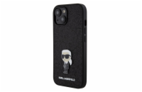 Karl Lagerfeld Fixed Glitter Metal Ikonik Zadní Kryt pro iPhone 15 Černý Prémiový kryt je vyroben s použitím speciálního materiálu, uvnitř kterého jsou umístěny třpytky, které jej dělají neuvěřitelně