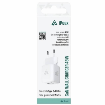 iPEAX GaN Síťová nabíječka 45 W, 1x USB-C a 1x USB-A bílá...