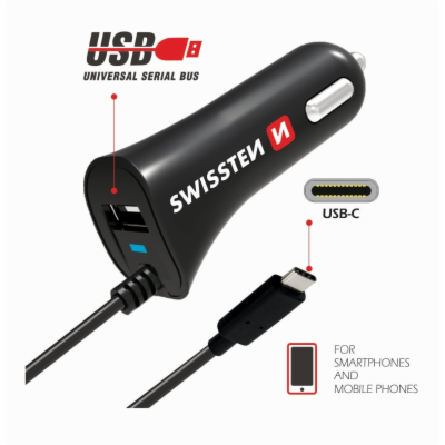 Swissten Cl Autonabíječka Usb-C A Usb 2,4A Power