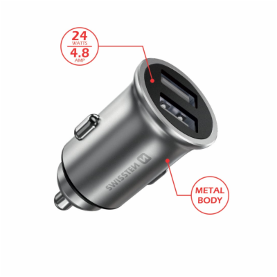 Swissten cl adaptér 2x usb 4,8a metal silver (eco balení)