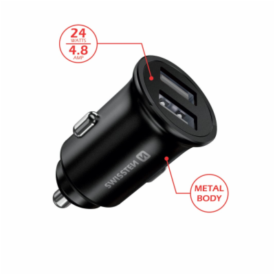 Swissten cl adaptér 2x usb 4,8a metal černý (eco balení)