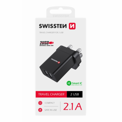 Swissten síťový adaptér 2x usb 10,5w pro uk zásuvku černý