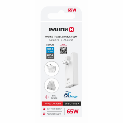 Swissten cestovní adaptér GaN USB-C + USB-A 65w výměnné v...