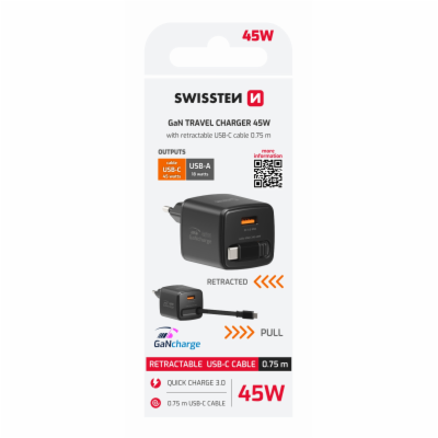 Swissten Síťový Adaptér Slidecharge GaN 45W, 1x USB-A 18W...