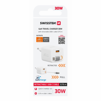 Swissten Síťový Adaptér Slidecharge GaN 30W, 1x USB-A 18W...
