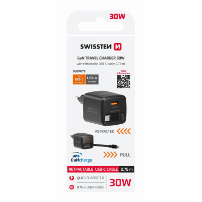 Swissten Síťový Adaptér Slidecharge GaN 30W, 1x USB-A 18W...
