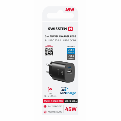Swissten Síťový Adaptér Edge GaN 1x USB-C PD 45W + 1x USB...