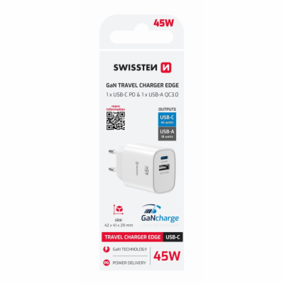 Swissten Síťový Adaptér Edge GaN 1x USB-C PD 45W + 1x USB...
