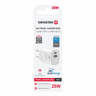 Swissten Síťový Adaptér Edge GaN 1x USB-C PD 25W + 1x USB...