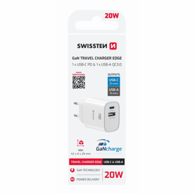 Swissten Síťový Adaptér Edge GaN 1x USB-C PD 20W + 1x USB...