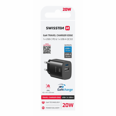 Swissten Síťový Adaptér Edge GaN 1x USB-C PD 20W + 1x USB...