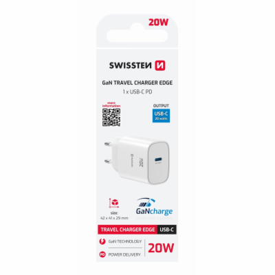 Swissten Síťový Adaptér Edge GaN 1x USB-C PD 20W Bílý