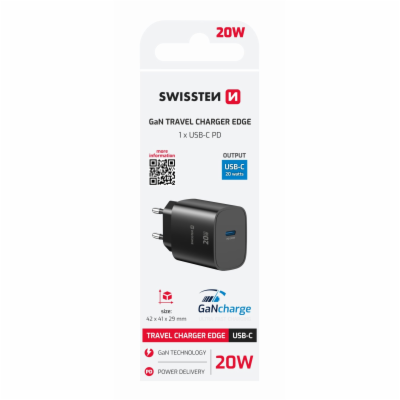 Swissten Síťový Adaptér Edge GaN 1x USB-C PD 20W Černý