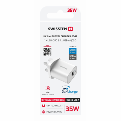 Swissten Síťový Adaptér Edge GaN 1x USB-C PD 35W + 1x USB...