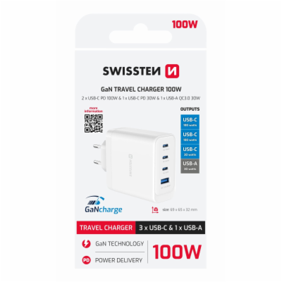 Swissten Síťový Adaptér Core GaN 2x USB-C PD 100W + 1x US...