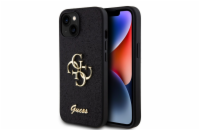 Guess PU Fixed Glitter 4G Metal Logo Zadní Kryt pro iPhone 15 Černý Prémiový kryt je vyroben s použitím speciálního materiálu, uvnitř kterého jsou umístěny třpytky, které jej dělají neuvěřitelně eleg