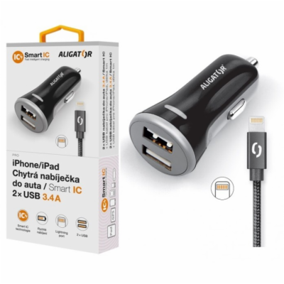 ALIGATOR 3.4A, 2xUSB, smart IC, černá, USB kabel pro iPho...