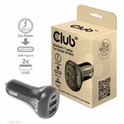 Club3D Auto nabíječka pro Notebooky 36W, 3 porty (2xUSB-A...