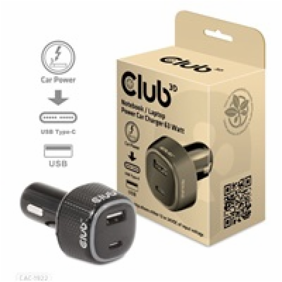 Club3D Auto nabíječka pro Notebooky 63W, 2 porty (USB-A +...
