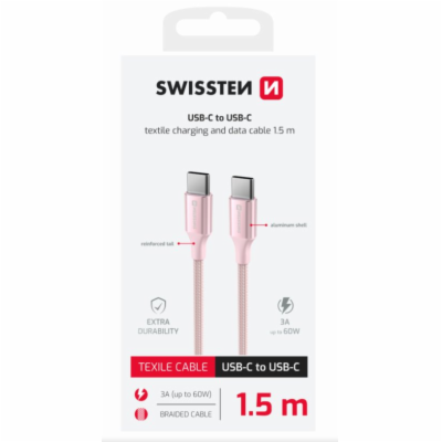 SWISSTEN DATOVÝ KABEL TEXTILE II USB-C / USB-C 1,5 M RŮŽOVÝ