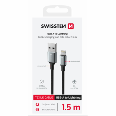 SWISSTEN DATOVÝ KABEL TEXTILE II USB / LIGHTNING 1,5 M ČERNÝ