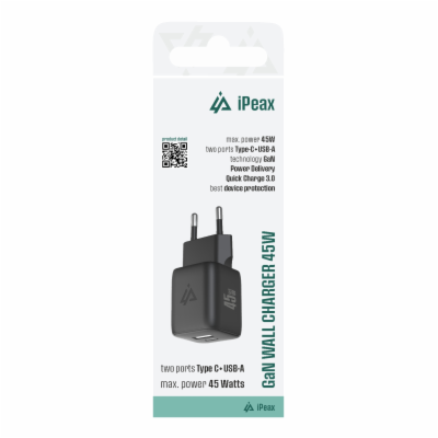 iPEAX GaN síťová nabíječka 45 W (USB-C + USB-A), černá