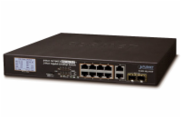 Planet FGSD-1022VHP PoE switch, 8x100, 2x1000-TP/SFP, LCD, VLAN, extend mód 10Mb do 250m, IEEE 802.3at<120W