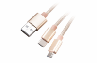 AKASA kabel 2v1 USB Type-A na Micro-B a USB Type-C, 120cm, zlatý