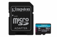 Kingston MicroSDXC karta 64GB Canvas Go! Plus, R:170/W:70MB/s, Class 10, UHS-I, U3, V30, A2 + Adaptér