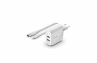 Belkin BOOST CHARGE™ Duální 24W USB-A nástěnná nabíječka + 1m lightning kabel, bílá