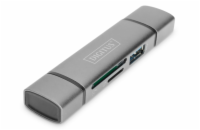 Digitus dvojitá čtečka karet OTG (USB-C + USB 3.0) 1x SD, 1x MicroSD, 1x USB 3.0, šedá