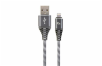 Gembird CC-USB2B-AMLM-2M-WB2 Lightning, šedý, bílý Gembird nabíjecí kabel Lightning 8-pin (M) na USB 2.0 (M), prémiový, opletený, metal konektory, 2 m, šedo-stříbrný