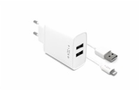 FIXED síťová nabíječka s 2xUSB výstupem a USB/Lightning kabelu, 1m, MFI certifikace, 15W Smart Rapid Charge, bílá