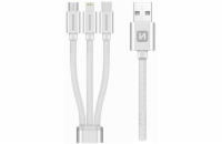 Swissten kabel Textile 3in1 mFi 1,2 m, stříbrná Swissten Datový kabel 3in1 MFi, 1,2 m, textilní, (micro USB, USB-C, Lightnings) stříbrný