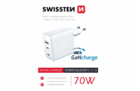 Swissten Síťový Adaptér GaN 2x USB-C + 1x USB 70W PD Bilý