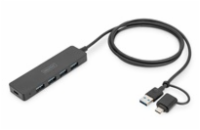 DIGITUS USB 3.0, Hub 4-Port, Slim Line with 120cm cable with USB-C adapterr