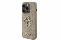 Guess PU Fixed Glitter 4G Metal Logo Zadní Kryt pro iPhone 15 Pro Zlatý Prémiový kryt je vyroben s použitím speciálního materiálu, uvnitř kterého jsou umístěny třpytky, které jej dělají neuvěřitelně 