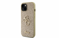 Guess PU Fixed Glitter 4G Metal Logo Zadní Kryt pro iPhone 15 Zlatý Prémiový kryt je vyroben s použitím speciálního materiálu, uvnitř kterého jsou umístěny třpytky, které jej dělají neuvěřitelně eleg