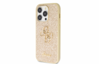 Guess PU Fixed Glitter 4G Metal Logo Zadní Kryt pro iPhone 15 Pro Max Zlatý Prémiový kryt je vyroben s použitím speciálního materiálu, uvnitř kterého jsou umístěny třpytky, které jej dělají neuvěřite