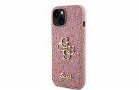 Guess PU Fixed Glitter 4G Metal Logo Zadní Kryt pro iPhone 15 Růžový Prémiový kryt je vyroben s použitím speciálního materiálu, uvnitř kterého jsou umístěny třpytky, které jej dělají neuvěřitelně ele