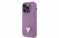 Guess Rhinestones Triangle Metal Logo Kryt pro iPhone 14 Pro fialový Guess Rhinestones Triangle Metal Logo ochranný kryt telefonu v kombinaci zadní strany pokryté drobnými kamínky a pružnými PU boky.