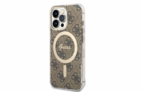 Guess IML 4G MagSafe Zadní Kryt pro iPhone 13 Pro Brown Guess 4G prémiový ochranný kryt telefonu v kombinaci zadní strany potaženou látkou s motivem Guess a pružnými PU boky a vestavěným magnetem pro